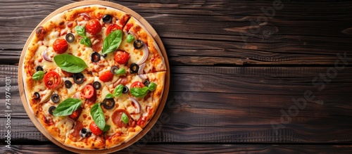 A delicious pizza with assorted toppings is placed on top of a wooden table, creating a visually appealing scene for fast food advertisements.
