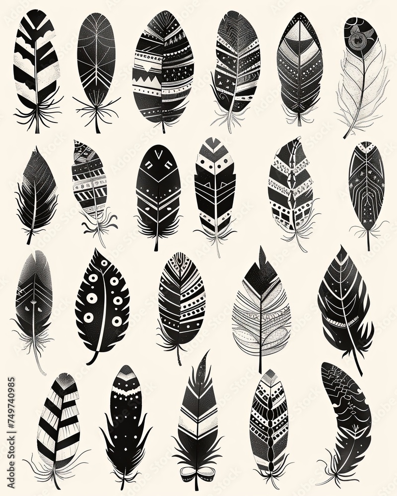 Illustrate a collection of cute, hand-drawn feathers embellished with intricate geometric patterns Illustrate a collection of cute, hand-drawn feathers embellished with intricate geometric patterns