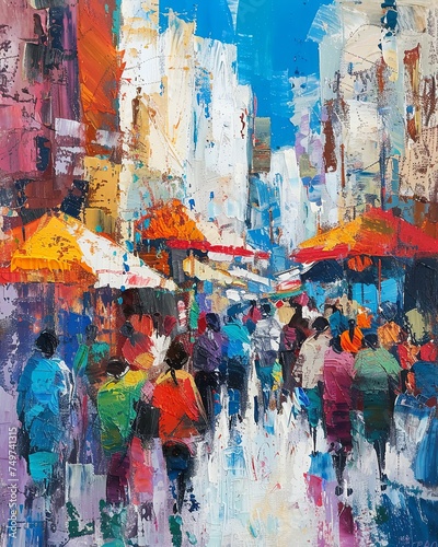 Infuse your artwork with the energy and vibrancy of a bustling market scene with an abstract and colorful representation