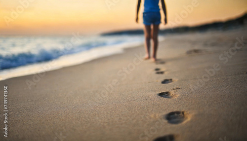 Tranquil beach scene with small footprints in clean sand, illuminated by evening light