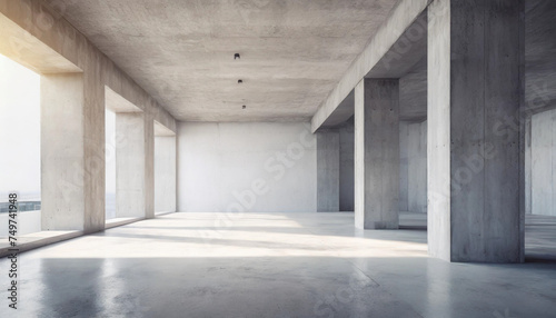 Empty concrete interior flooded with bright sunlight, minimalist design