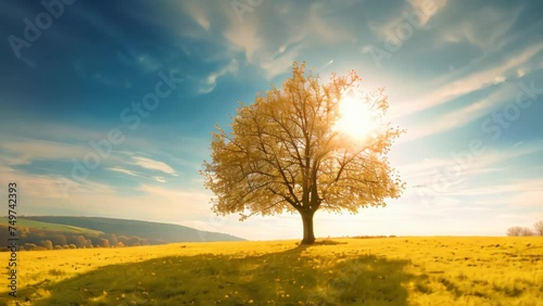 single tree with sunset landscape. 4k video animation photo
