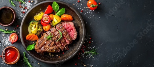 A top view of a succulent beef fillet steak served on a white plate with a colorful array of fresh vegetables and various sauces. The steak is cooked to perfection, accompanied by vibrant greens and