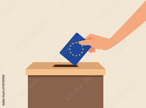 Person Voting for the European Parliament Elections Vector Illustration. Citizen in the EU expressing choice of representative in the office 
