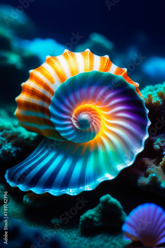 Blue ocean seascape, wave, beautiful seashell in holographic gradient by the warm sunset light of underwater.
