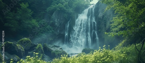 A majestic waterfall cascades down a rocky cliff surrounded by a dense  vibrant green forest. The rushing water creates a mesmerizing scene in the heart of nature.