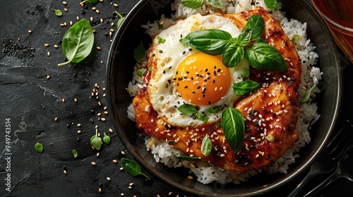 Glazed chicken over rice with a sunny-side up egg and fresh basil.