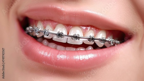Close-up of a bright smile with metal dental braces on teeth.