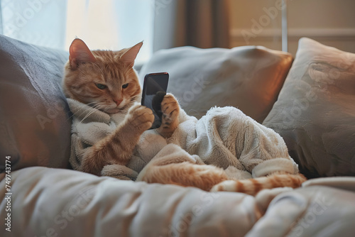 cute picture of a lazy cat with a phone. relaxed. sunset, evening, pajamas. Kitten playing with the phone. Sleeping on the bed, sofa. Beige and white, soft lighting © Lexxx20