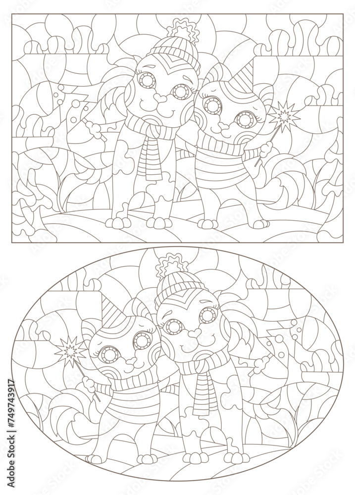A set of contour illustrations of stained glass windows with a cat and a dog, dark contours on a white background A set of contour illustrations of stained glass windows with a cat and a dog, dark contours on a white background