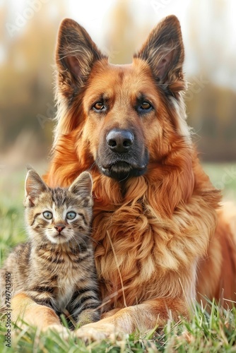 German shepherd dog with a tabby kitten in grass.