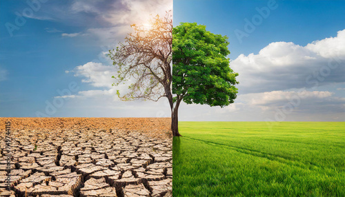 Half-green, half-drought tree symbolizing climate change impact and transition to green growth. Visual metaphor for environmental resilience