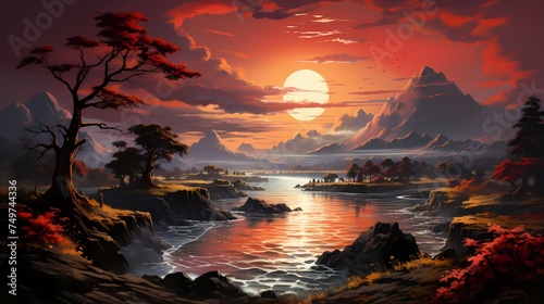 A radiant crimson sunset over a serene landscape © mohsin