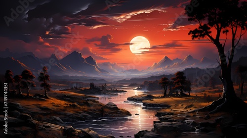 A radiant crimson sunset over a serene landscape
