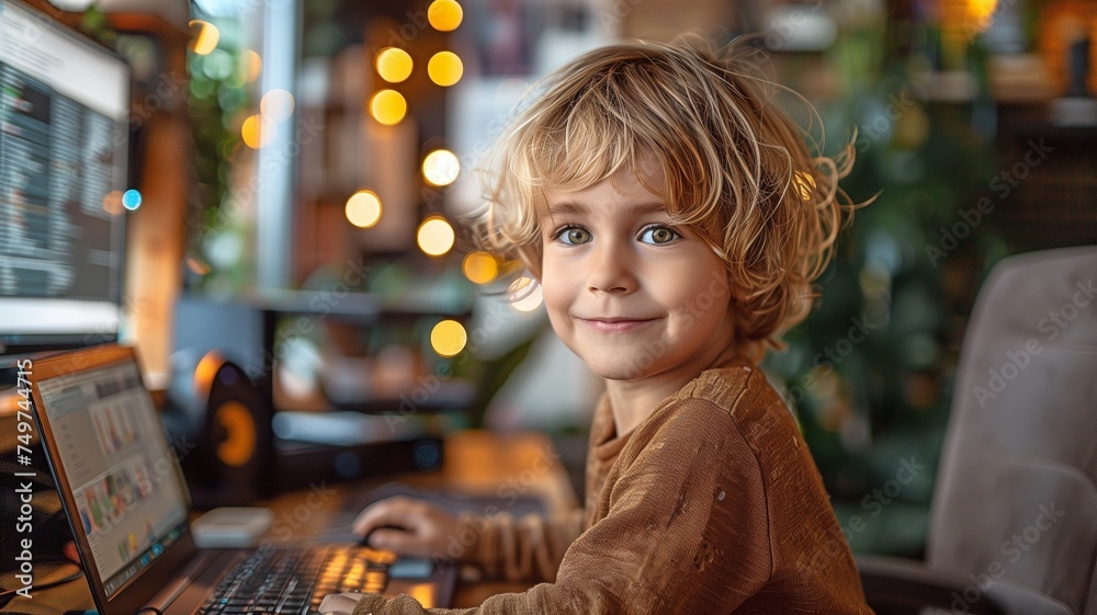 Fototapeta premium Young coder with a laptop In the workplace, write code. Enjoy yourself.