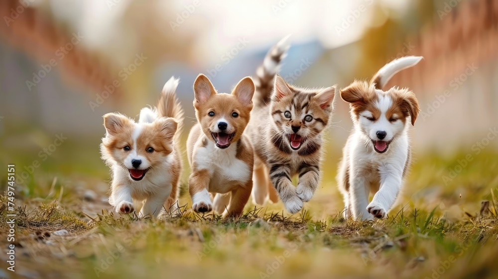 Corgi puppies and kittens joyfully running together.