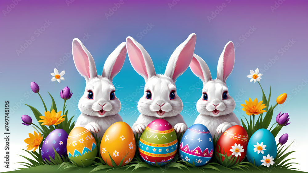 Colourful easter banner with bunnies eggs and flowers Colourful easter banner with bunnies eggs and flowers