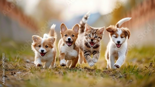 Corgi puppies and kittens joyfully running together.