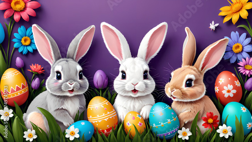 Colourful easter banner with bunnies eggs and flowers