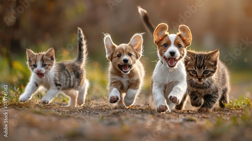 Puppy and kittens running joyfully outdoors at sunset.