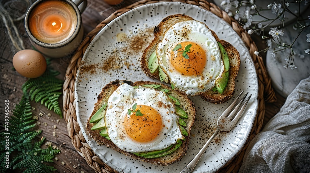 Avocado toast with sunny-side-up eggs served on a rustic plate with a cozy ambiance. Avocado toast with sunny-side-up eggs served on a rustic plate with a cozy ambiance.