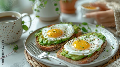 Close-up of avocado toast topped with sunny-side-up eggs.