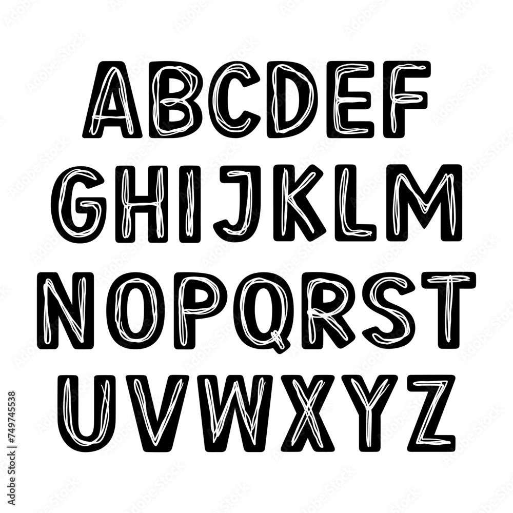 Cute Alphabet with Doodle Line inside. Uppercase Letters. Lovely and Playful design for decoration. Vector Illustration about Character.