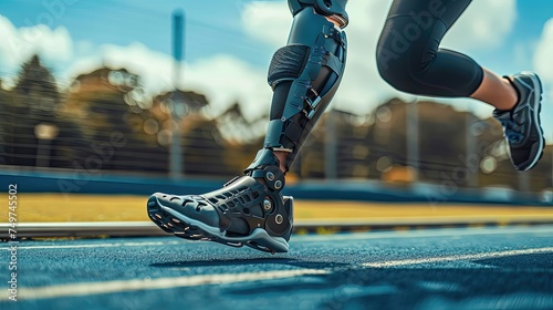 Athlete with advanced prosthetic leg sprinting on a blue track.