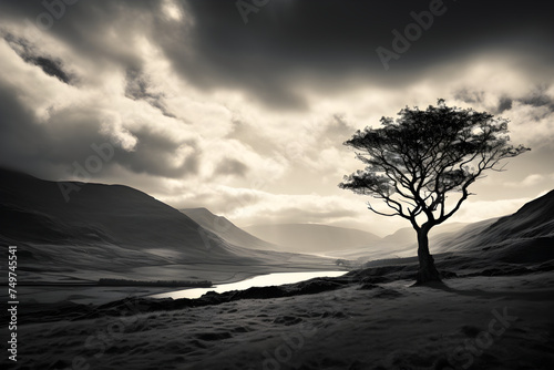 Timeless Serenity: A Lone Tree in a Boundless Countryside Under a Cloudy Sky in Black and White