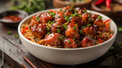 combo of veg noodles or chow mien or chowmein and chicken manchurian served in white bowl on wooden background 