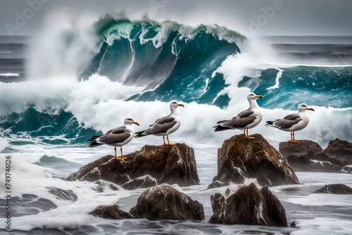 Pacific gulls on a rock. Wave breaking in the background
