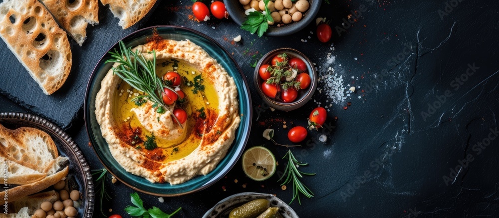 A bowl filled with creamy Lebanese hummus accompanied by slices of pita bread, fresh tomatoes, and flavorful olives.