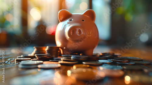 A golden piggy bank sits on a wooden table surrounded by coins. The background is blurry