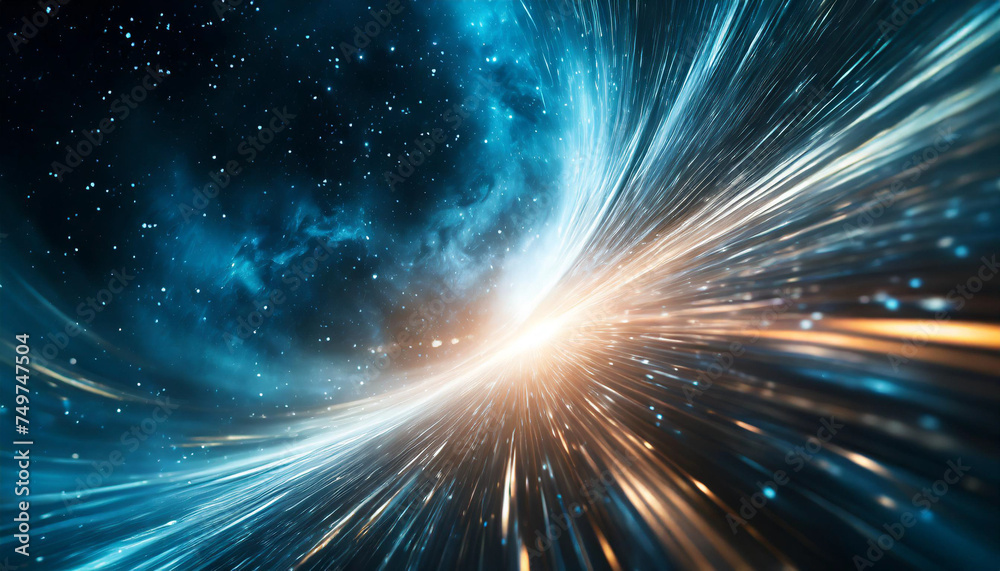 Time travel lights streak through space and galaxy, depicting the concept of light-speed travel and cosmic exploration Time travel lights streak through space and galaxy, depicting the concept of light-speed travel and cosmic exploration