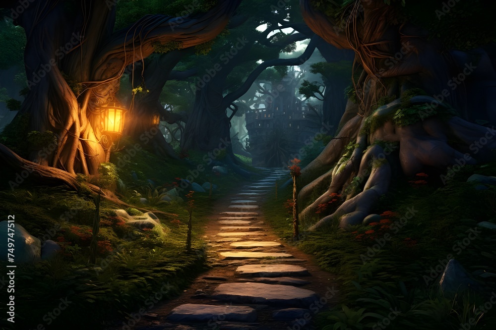 Magical Forest Path: A winding path through an enchanted forest, inviting viewers to imagine the mysteries that lie ahead.


