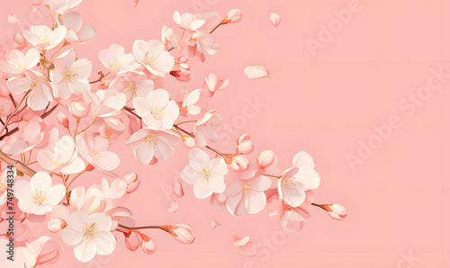 a branch of a cherry tree with pink flowers on a pink background,Generative AI