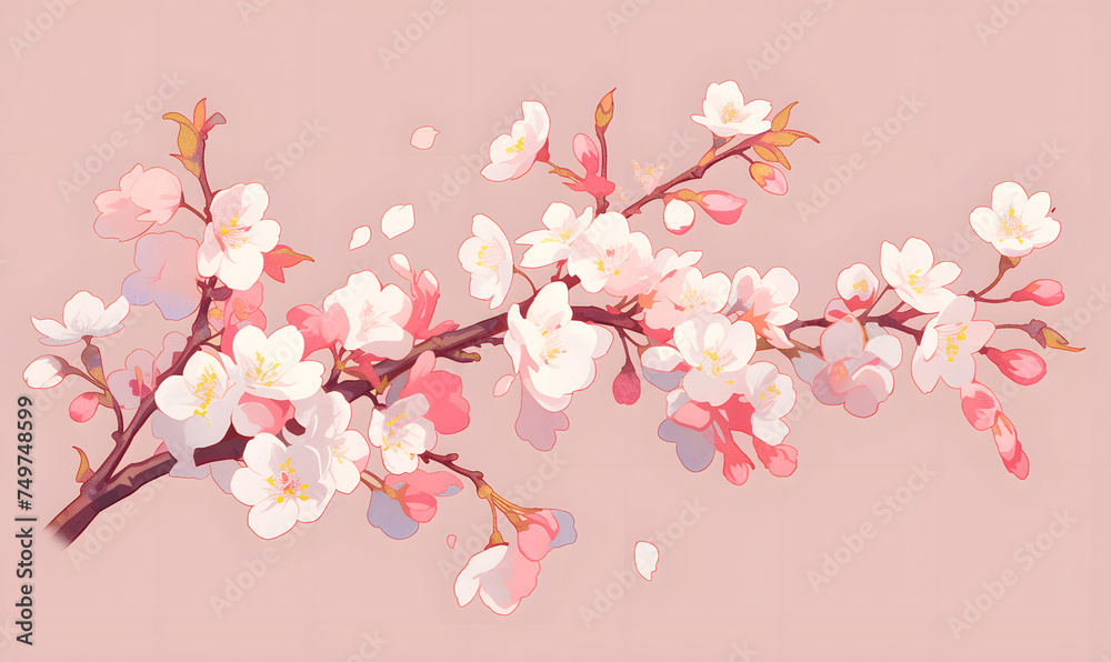 a branch of a cherry tree with pink flowers on a pink background,Generative AI