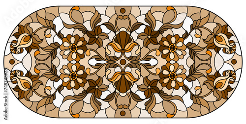 Illustration in stained glass style with abstract flowers, leaves and curls on a blue background, tone brown