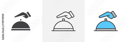 Hand Touching Service Bell Isolated Line Icon Style Design. Simple Vector Illustration