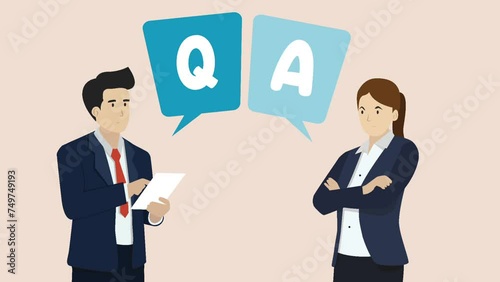 Q and A, question and answers, FAQ frequently asked question, resolution or advice concept, animation of business people discussing with question and answer.