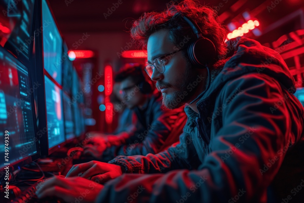  a cybersecurity team in action focusing on the intensity and concentration as they defend against a cyber attack highlight the modern digital battleground - obrazy, fototapety, plakaty 