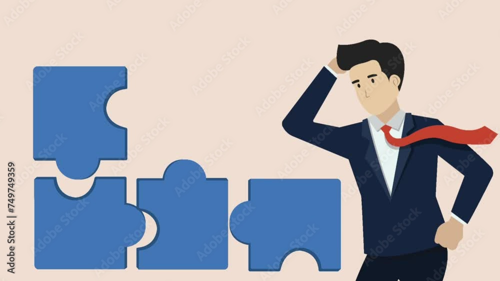 Thinking to find a solution, a challenge to complete a job or a business leadership mission, animation footage of confused businessman putting together a puzzle. Thinking to find a solution, a challenge to complete a job or a business leadership mission, animation footage of confused businessman putting together a puzzle.