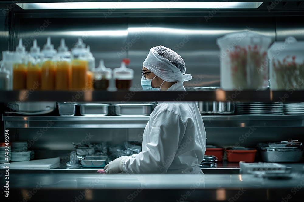 a health and safety inspection in a restaurant focusing on the meticulous examination of kitchen hygiene and food storage highlight the importance of cleanliness - obrazy, fototapety, plakaty 