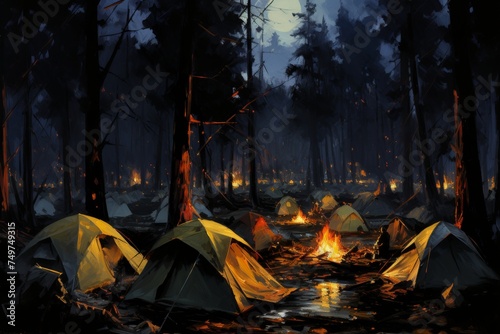 Tents gathered around campfire in dark forest at night, natural landscape