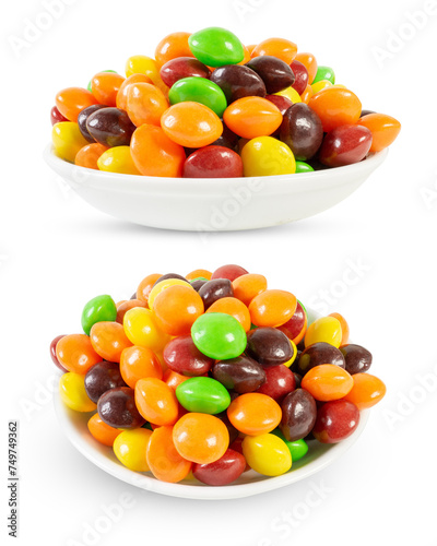 Two bowls of colorful candies isolated on white background