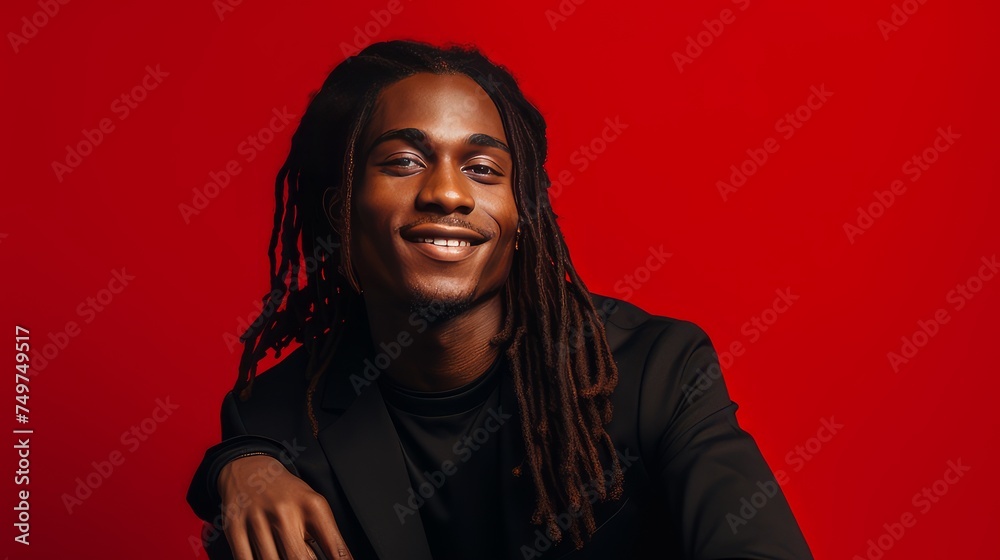 Portrait of an elegant sexy smiling African man with dark and perfect skin and long hair, on a red background.
