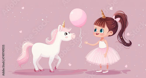 Girl in a pinkt skirt is giving to unicorn a pink balloon. Happy Birthday panorama