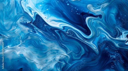 An exquisite close-up view of blue fluid art, showcasing swirling and flowing patterns with a glossy finish.