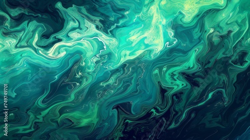 An artistic fluid art creation displaying intricate marbled patterns in varying shades of emerald green, exuding a natural and calming essence. © doraclub