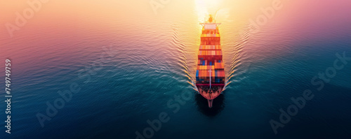 Large cargo ship sailing through calm ocean waters. The scene is illuminated by the bright sunlight.
